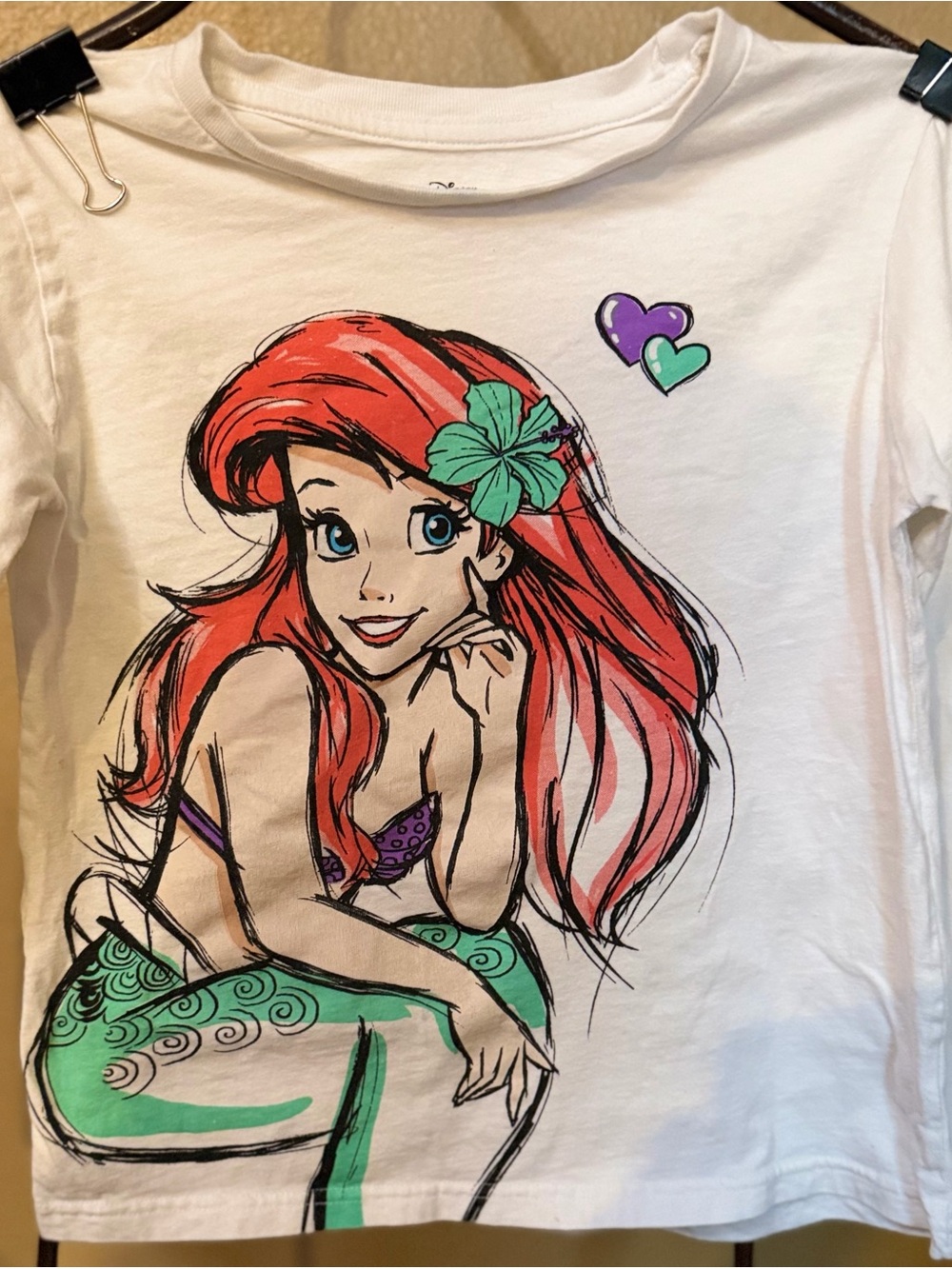 Girls Disney Ariel Graphic Tee with Red Hair and Green Accents Size 7/8